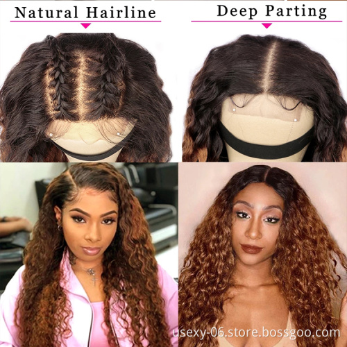Cheap ombre frontal lace raw cuticle aligned virgin hair wigs for black women deep wave 13x4 hd lace front human hair wigs